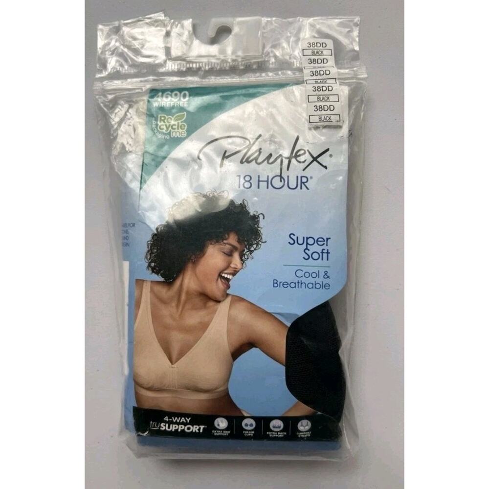 PLAYTEX 4690 STYLE 38DD BLACK 18 HOUR WIRE FREE BRA SUPER SOFT COOL 4-WAY NIP